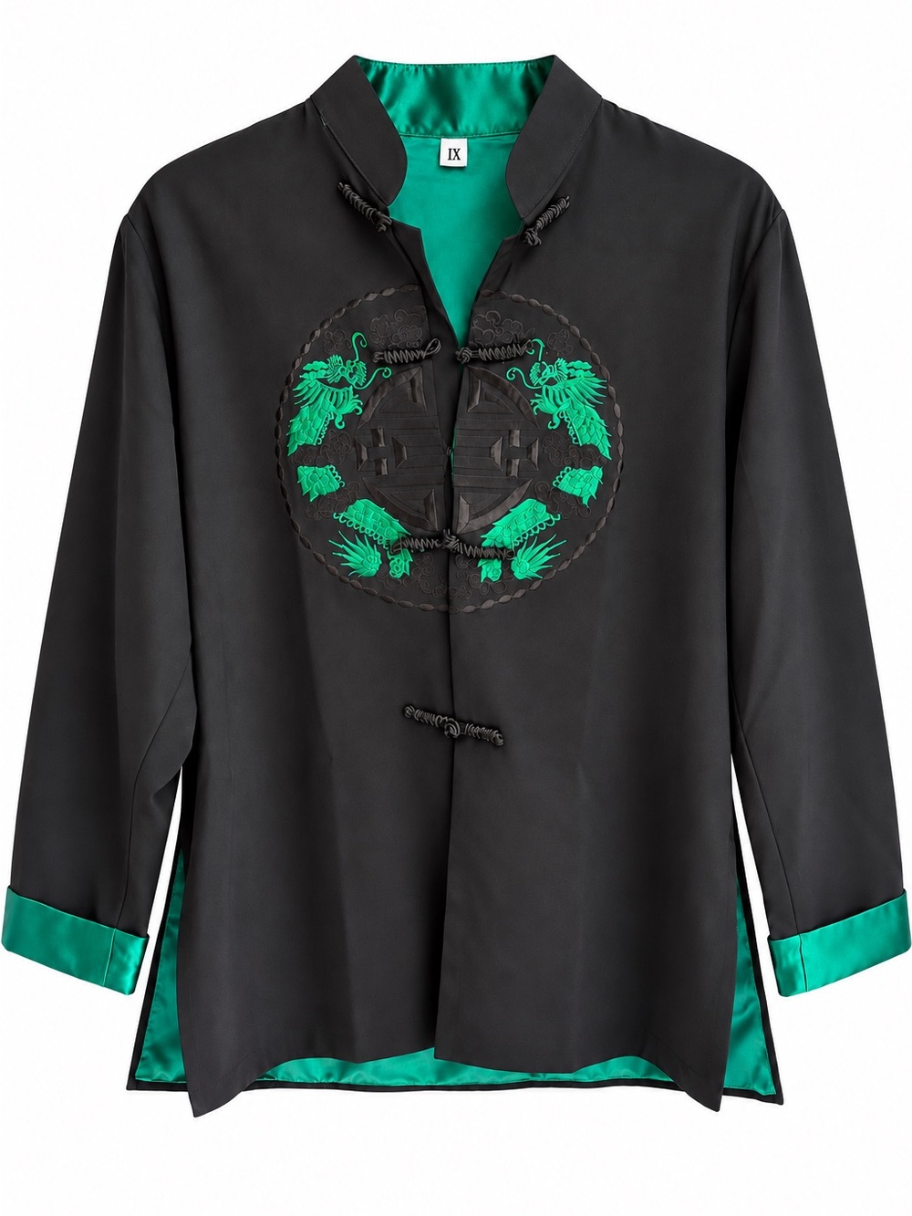 Silk 100% Chinese Style Dragon Embroidered Jacket Black & Emerald Green Unisex